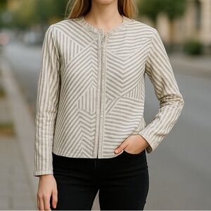 T. Tandon White Sheer Jacket Medium Full Zip Stripe Top Textured Women's M